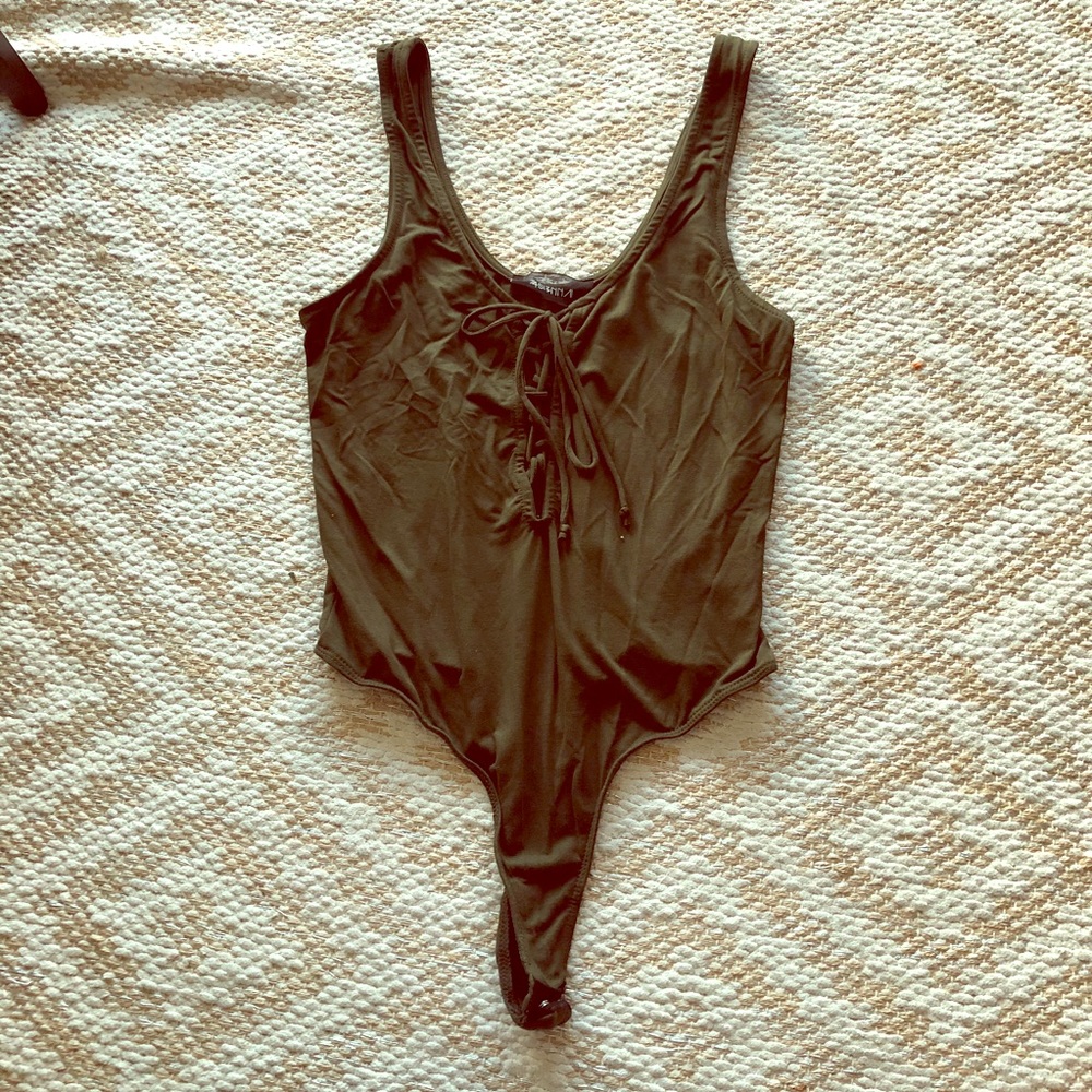 NastyGal olive green lace up thong bodysuit